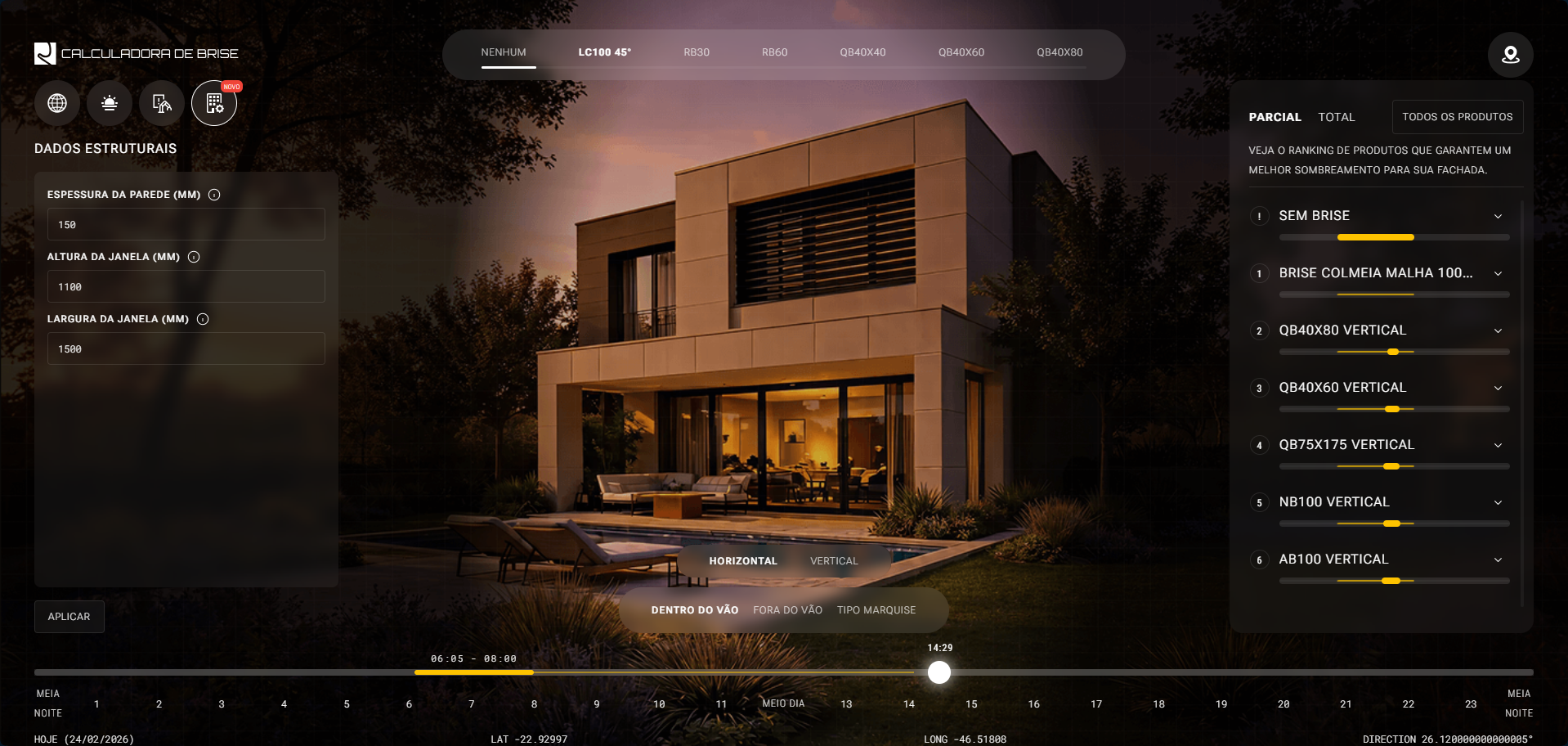 Dashboard com o brise LC100 45° selecionado